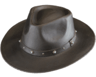 Brown leather hat with decorative band.