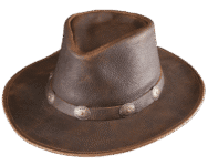 Brown leather cowboy hat with decorative band.