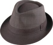 Brown plaid fedora hat on white background.