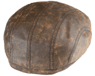 Brown leather flat cap on black background.