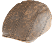 Brown leather flat cap on black background.