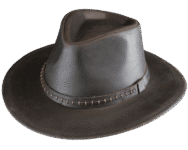 Brown leather fedora hat on black background.