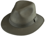 Wide-brimmed green hat on black background.