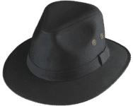 Black fedora hat with small side buttons.