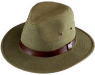 Brown wide-brimmed hat with leather band.
