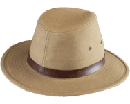 Tan wide-brim hat with brown band.