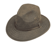 Brown wide-brimmed hat on black background.