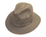 Brown wide-brimmed hat on black background.
