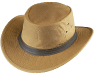 Tan wide-brimmed hat with dark band.