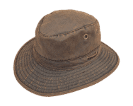 Brown wide-brimmed hat on black background.