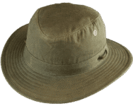 Olive green wide-brimmed hat.