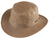 Brown wide-brimmed hat on black background.