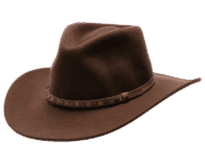 Brown cowboy hat with a decorative band.