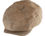 Brown flat cap on black background.