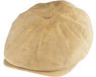 Tan flat cap on black background.