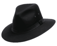 Black fedora hat on black background.