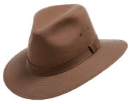 Brown wide-brimmed fedora hat on display.