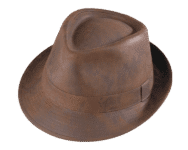 Brown fedora hat on a black background.