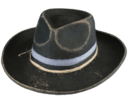 Worn black fedora with a ribbon band.