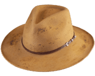 Worn brown fedora hat with decorative band.