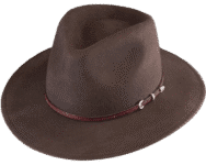 Brown fedora hat with red band.