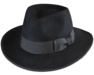 Black fedora hat with ribbon band.
