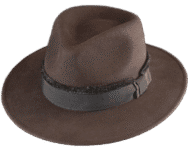 Brown fedora hat with black band.