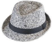 Gray fedora hat with black band.