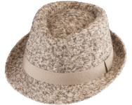 Gray textured fedora hat with ribbon band.