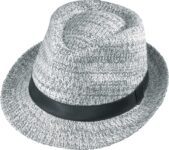 Gray knit fedora hat with black band.