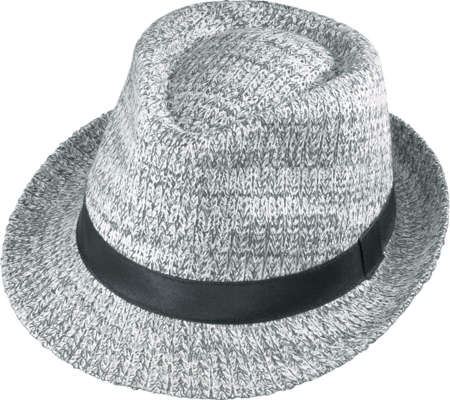 Gray knit fedora hat with black band.