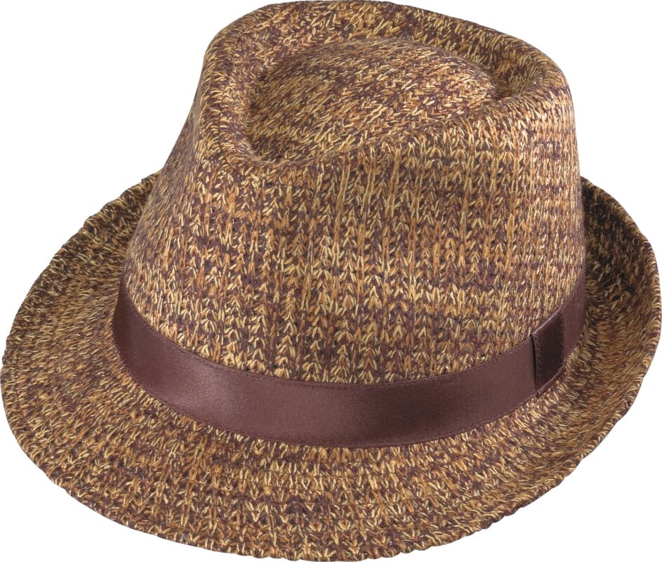 Brown woven fedora hat with ribbon.