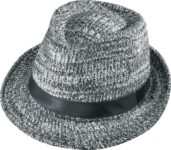 Gray knitted fedora hat with black band.