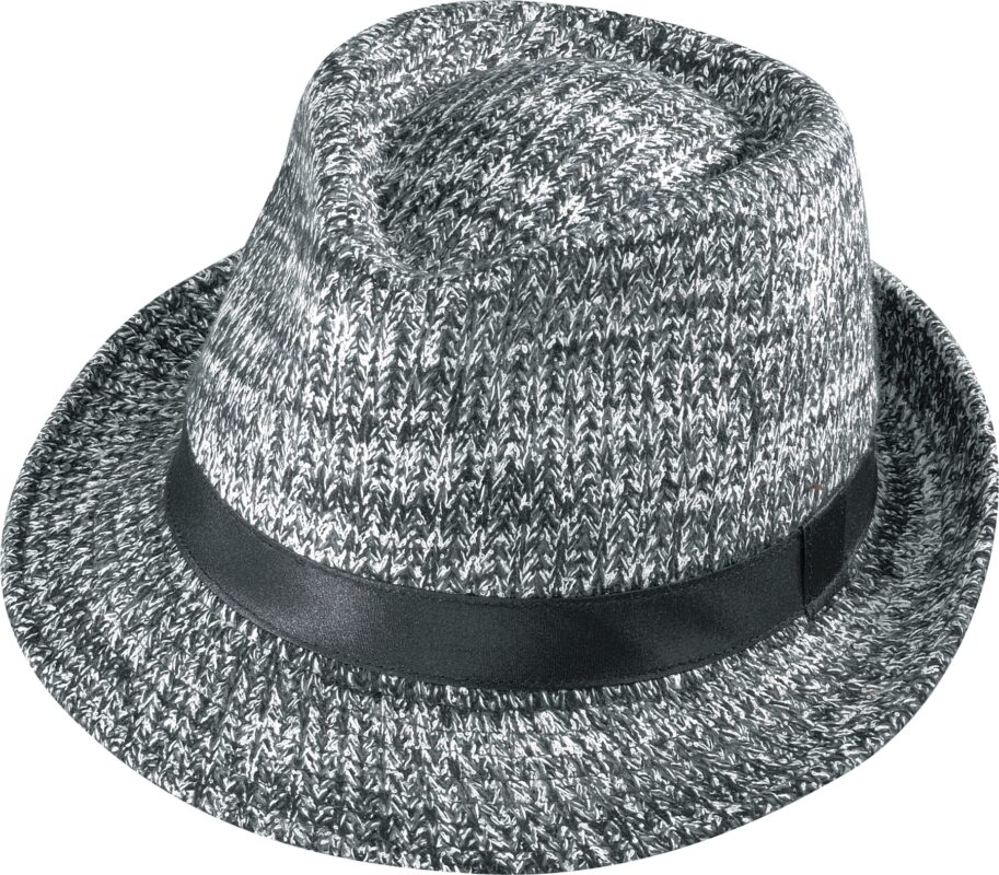 Gray knitted fedora hat with black band.