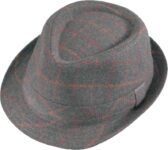 Gray plaid fedora hat with red lines.