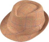 Brown plaid fedora hat with checkered pattern.
