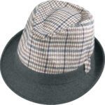 Checkered fedora hat with dark brim.