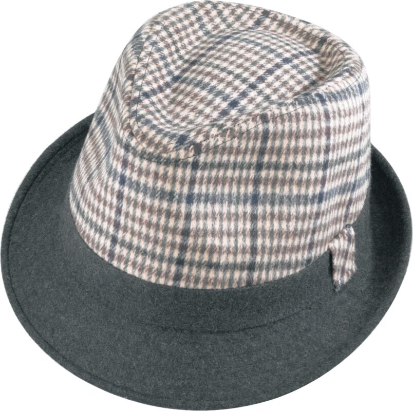 Checkered fedora hat with dark brim.