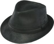 Black fedora hat with a wide brim.
