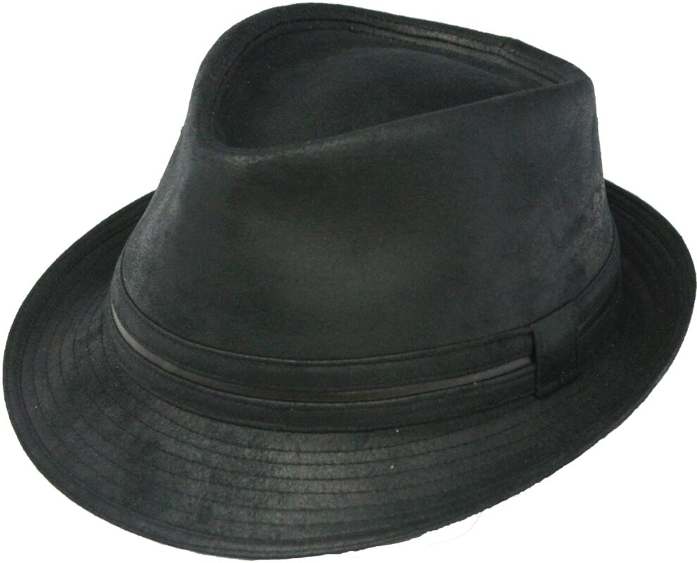 Black fedora hat with a wide brim.