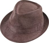 Brown corduroy fedora hat with pinstripes.