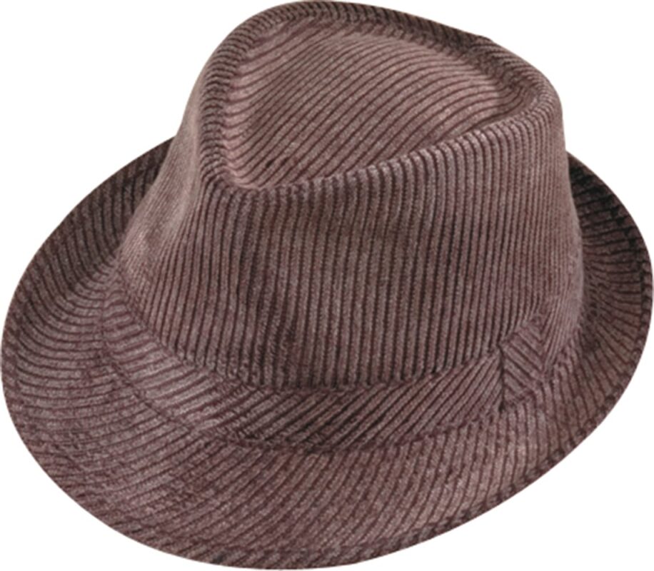 Brown corduroy fedora hat with pinstripes.