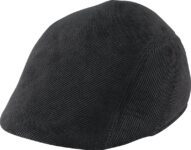 Black ribbed flat cap on white background.