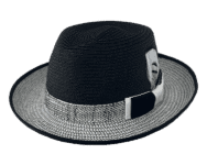 Black and gray fedora hat on display.
