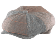 Patchwork flat cap with mixed gray tones.