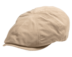 Beige flat cap on black background.