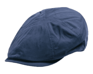 Blue flat cap on black background.