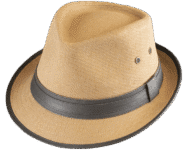 Tan fedora with a black band.