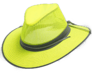Bright yellow mesh hat with wide brim.