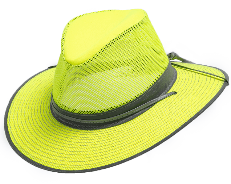 Bright yellow mesh hat with wide brim.